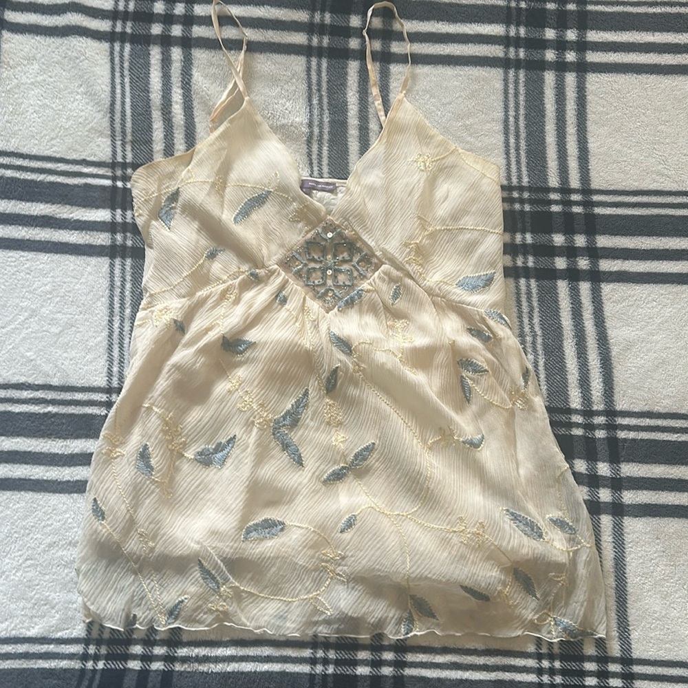 Hale Bob cream blue embroidered 100% silk camisole tank blouse